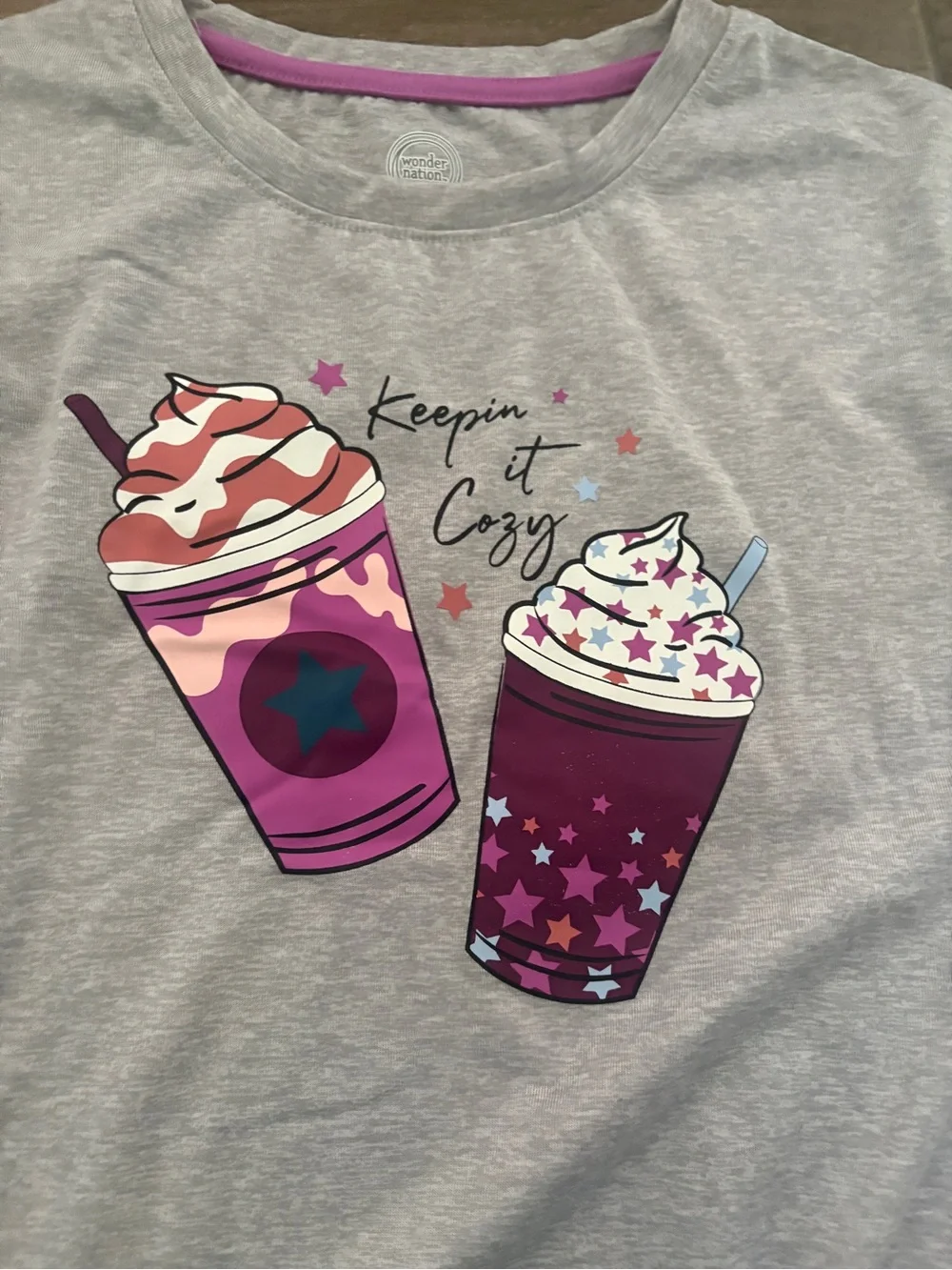 Girls Grey Top with Purple & Pink Beverage-Print Pajama Set